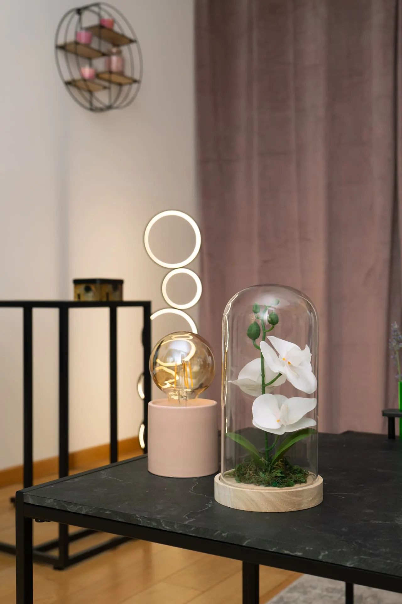 Dekorativni detalji: lampa i orhideja pod staklenim zvonom